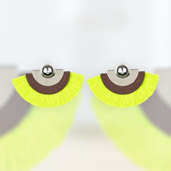 Neon Green Yellow Fan with Brown Leather & Silver Accents Post Earrings - Picture 1 of 3